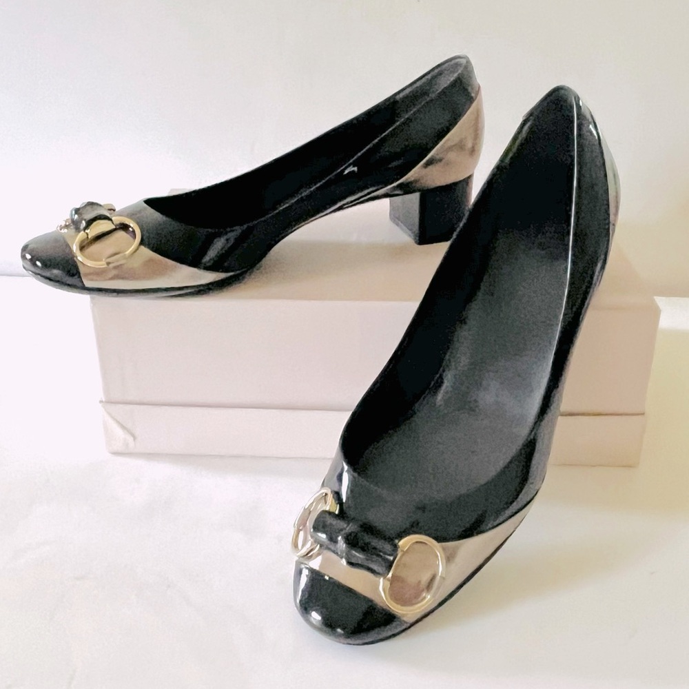 Gucci black metallic bamboo horsebit heels 38